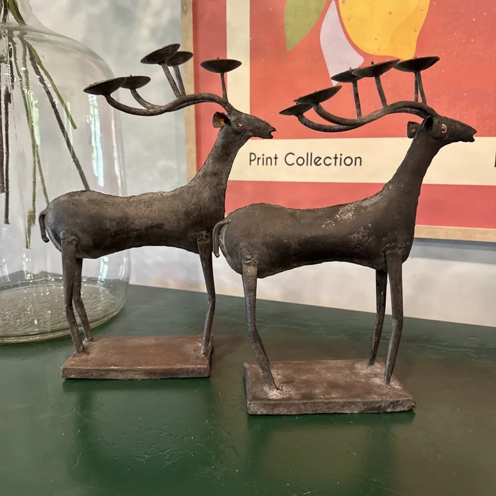 Lot of 2 Metal Rustic Reindeer 5 candle holder decor deer black vint 12&13